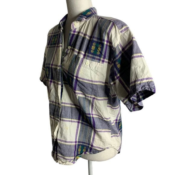Vintage Button Up Shirt Shorts Set M Purple Plaid Embroidered Pockets Elastic - Picture 5 of 11